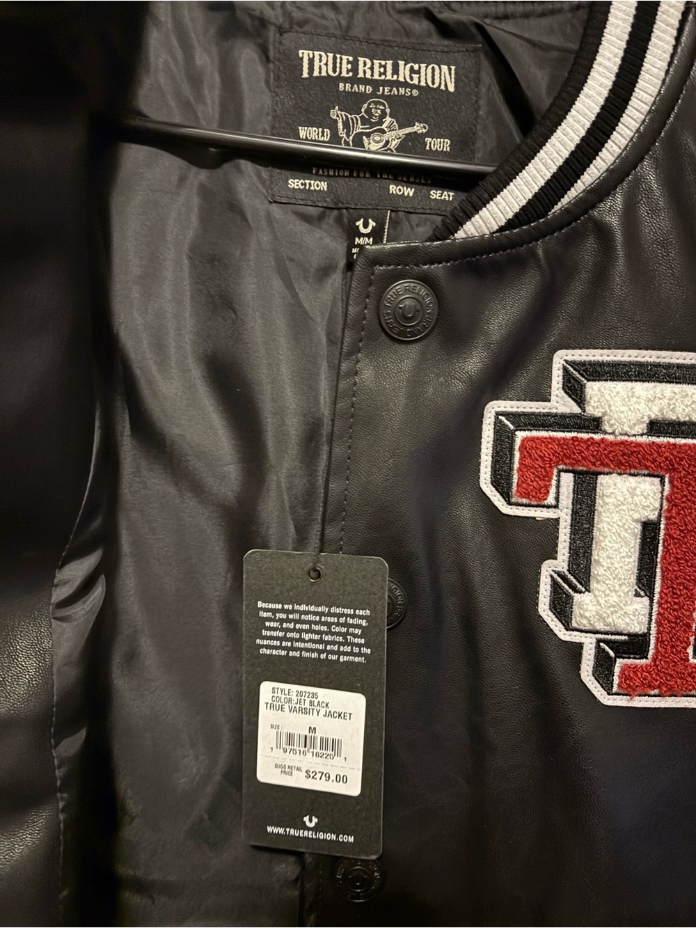 True Religion Black Leather Varsity Jacket with Red Trim - Picture 3 of 3